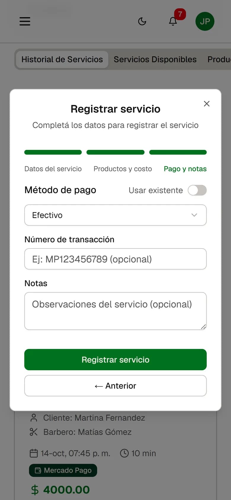 Último paso de Registrar servicio: método de pago y notas