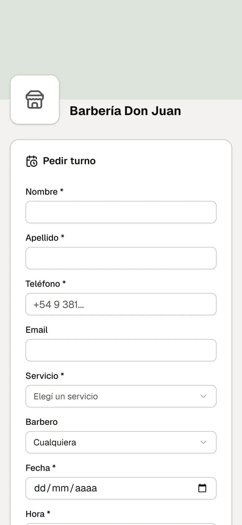 Página pública para pedir turno en una barbería, vista desde el celular